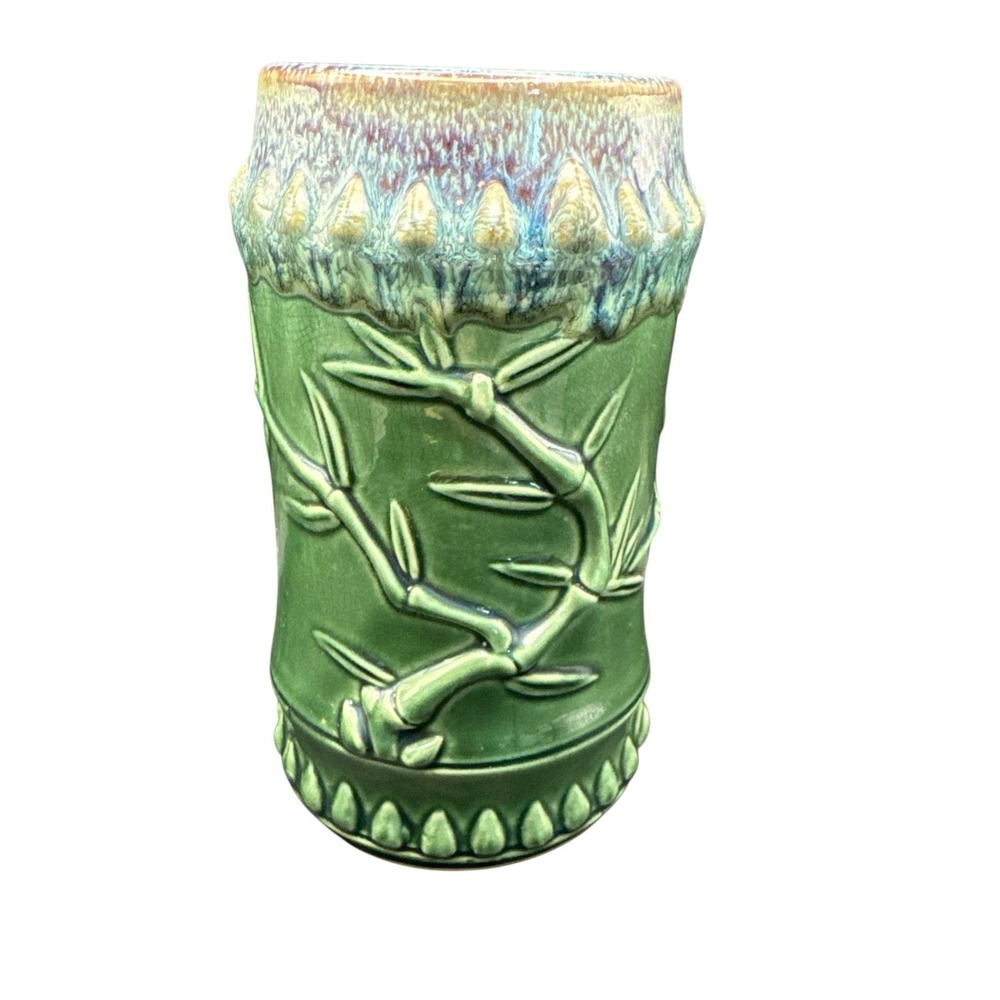 Art Pottery Majolica Lucky Bamboo Vase Etched Leaves 7 inch